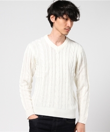 総ケーブル編みVネックニット
