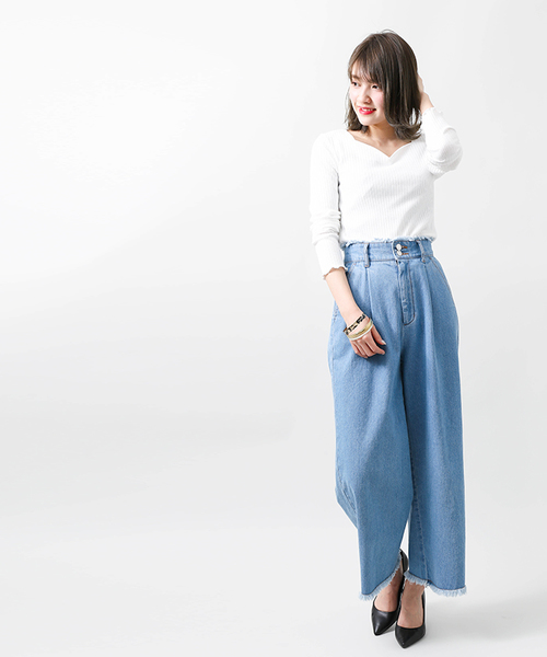 WEGO（ウィゴー）の「WEGO/ハイウエストフリンジバギーパンツ（デニムパンツ・レディース・ライトインディゴブルー/インディゴブルー・FREE）」の3枚目の写真