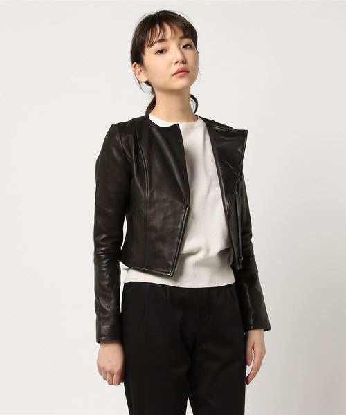 rienda リエンダ　ラムレザー　ラビットファー　レザージャケット　黒 セール】フェイクレザーショートジップジャケット（ブルゾン