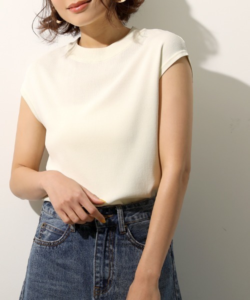 coca(coca)(コカ)の「フレンチスリーブハイネックサマーニットトップス(ニット/セーター・レディース・ホワイト/ブラック/ピンク/グリーン・ONE SIZE)」の2枚目の写真