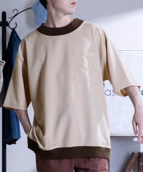 SlashDate(スラッシュデイト)の「スムース配色リブモックネックTシャツ/ビッグシルエット/ユニセックス(Tシャツ/カットソー・メンズ・ブラック/モカ/グレー/ベージュ/チェック・M/L/XL)」の2枚目の写真