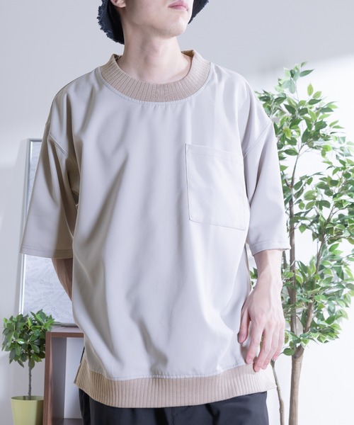 SlashDate(スラッシュデイト)の「スムース配色リブモックネックTシャツ/ビッグシルエット/ユニセックス(Tシャツ/カットソー・メンズ・ブラック/モカ/グレー/ベージュ/チェック・M/L/XL)」の4枚目の写真