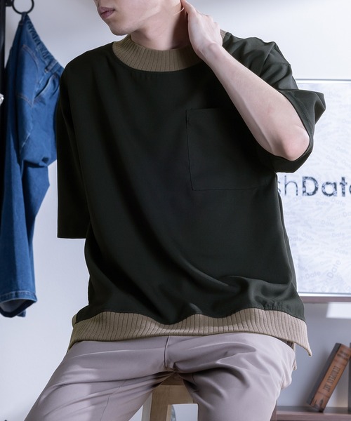 SlashDate(スラッシュデイト)の「スムース配色リブモックネックTシャツ/ビッグシルエット/ユニセックス(Tシャツ/カットソー・メンズ・ブラック/モカ/グレー/ベージュ/チェック・M/L/XL)」の3枚目の写真