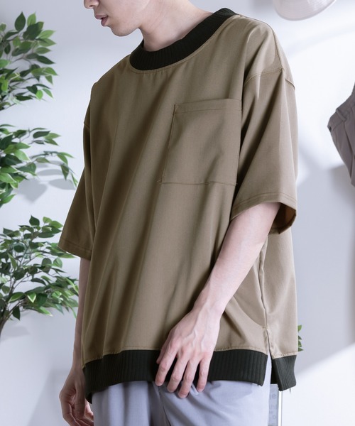 SlashDate(スラッシュデイト)の「スムース配色リブモックネックTシャツ/ビッグシルエット/ユニセックス(Tシャツ/カットソー・メンズ・ブラック/モカ/グレー/ベージュ/チェック・M/L/XL)」の1枚目の写真