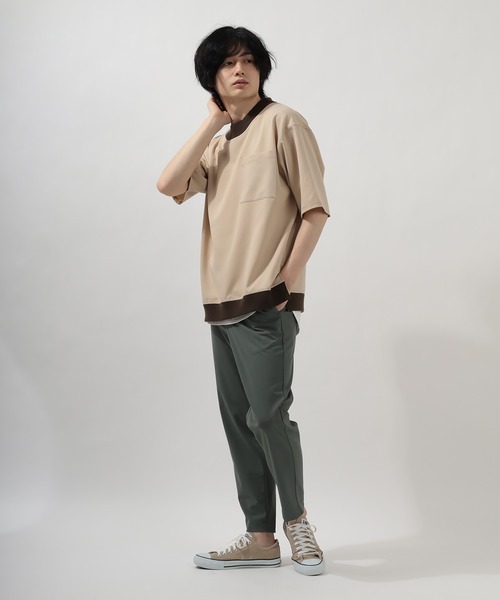 SlashDate(スラッシュデイト)の「スムース配色リブモックネックTシャツ/ビッグシルエット/ユニセックス(Tシャツ/カットソー・メンズ・ブラック/モカ/グレー/ベージュ/チェック・M/L/XL)」の9枚目の写真