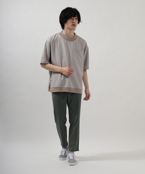 SlashDate(スラッシュデイト)の「スムース配色リブモックネックTシャツ/ビッグシルエット/ユニセックス(Tシャツ/カットソー・メンズ・ブラック/モカ/グレー/ベージュ/チェック・M/L/XL)」の7枚目の写真