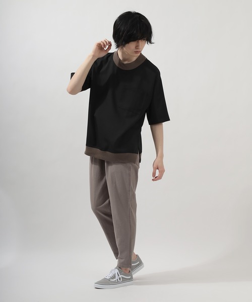 SlashDate(スラッシュデイト)の「スムース配色リブモックネックTシャツ/ビッグシルエット/ユニセックス(Tシャツ/カットソー・メンズ・ブラック/モカ/グレー/ベージュ/チェック・M/L/XL)」の6枚目の写真