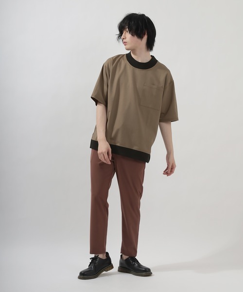 SlashDate(スラッシュデイト)の「スムース配色リブモックネックTシャツ/ビッグシルエット/ユニセックス(Tシャツ/カットソー・メンズ・ブラック/モカ/グレー/ベージュ/チェック・M/L/XL)」の8枚目の写真