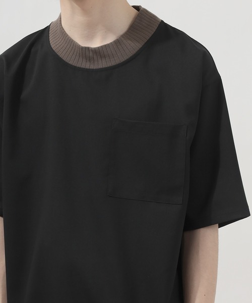 SlashDate(スラッシュデイト)の「スムース配色リブモックネックTシャツ/ビッグシルエット/ユニセックス(Tシャツ/カットソー・メンズ・ブラック/モカ/グレー/ベージュ/チェック・M/L/XL)」の11枚目の写真