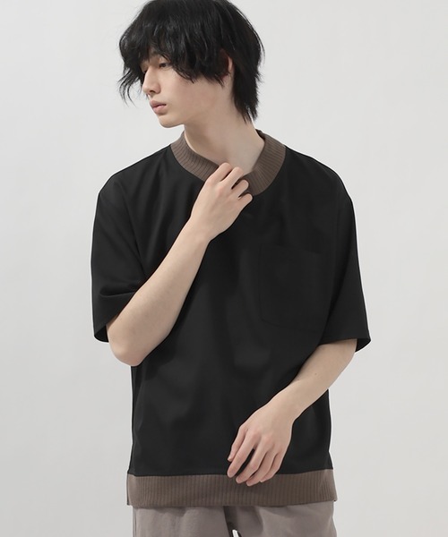 SlashDate(スラッシュデイト)の「スムース配色リブモックネックTシャツ/ビッグシルエット/ユニセックス(Tシャツ/カットソー・メンズ・ブラック/モカ/グレー/ベージュ/チェック・M/L/XL)」の14枚目の写真