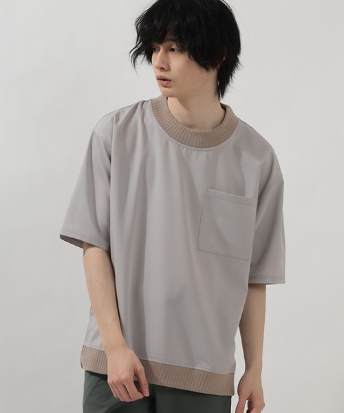 SlashDate(スラッシュデイト)の「スムース配色リブモックネックTシャツ/ビッグシルエット/ユニセックス(Tシャツ/カットソー・メンズ・ブラック/モカ/グレー/ベージュ/チェック・M/L/XL)」の15枚目の写真