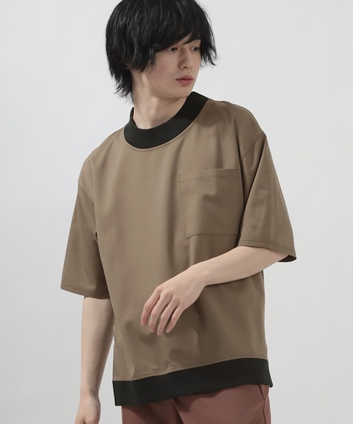 SlashDate(スラッシュデイト)の「スムース配色リブモックネックTシャツ/ビッグシルエット/ユニセックス(Tシャツ/カットソー・メンズ・ブラック/モカ/グレー/ベージュ/チェック・M/L/XL)」の16枚目の写真