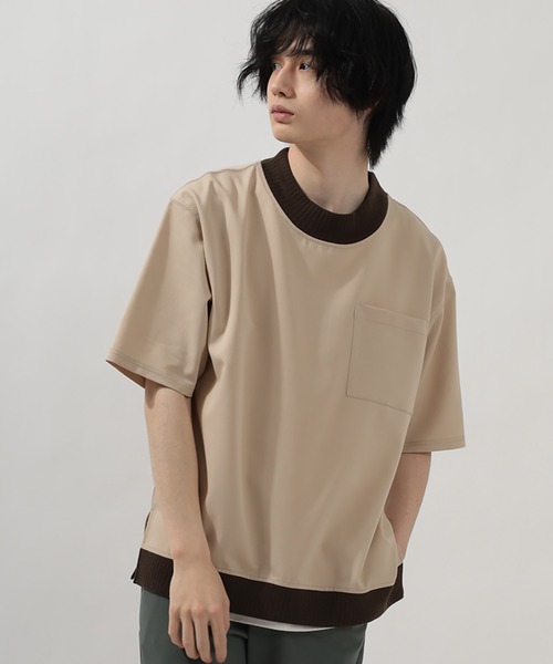 SlashDate(スラッシュデイト)の「スムース配色リブモックネックTシャツ/ビッグシルエット/ユニセックス(Tシャツ/カットソー・メンズ・ブラック/モカ/グレー/ベージュ/チェック・M/L/XL)」の17枚目の写真