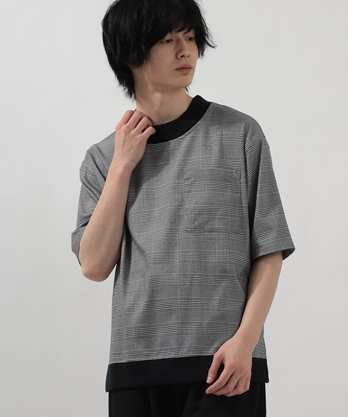 SlashDate(スラッシュデイト)の「スムース配色リブモックネックTシャツ/ビッグシルエット/ユニセックス(Tシャツ/カットソー・メンズ・ブラック/モカ/グレー/ベージュ/チェック・M/L/XL)」の18枚目の写真