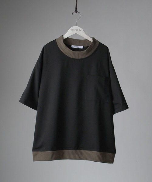 SlashDate(スラッシュデイト)の「スムース配色リブモックネックTシャツ/ビッグシルエット/ユニセックス(Tシャツ/カットソー・メンズ・ブラック/モカ/グレー/ベージュ/チェック・M/L/XL)」の19枚目の写真