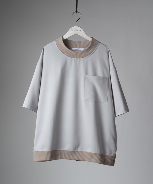 SlashDate(スラッシュデイト)の「スムース配色リブモックネックTシャツ/ビッグシルエット/ユニセックス(Tシャツ/カットソー・メンズ・ブラック/モカ/グレー/ベージュ/チェック・M/L/XL)」の20枚目の写真
