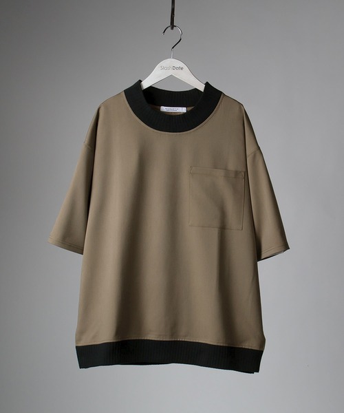 SlashDate(スラッシュデイト)の「スムース配色リブモックネックTシャツ/ビッグシルエット/ユニセックス(Tシャツ/カットソー・メンズ・ブラック/モカ/グレー/ベージュ/チェック・M/L/XL)」の21枚目の写真