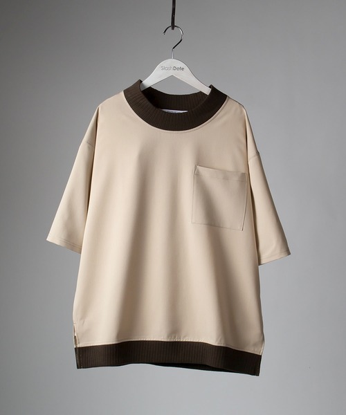 SlashDate(スラッシュデイト)の「スムース配色リブモックネックTシャツ/ビッグシルエット/ユニセックス(Tシャツ/カットソー・メンズ・ブラック/モカ/グレー/ベージュ/チェック・M/L/XL)」の22枚目の写真