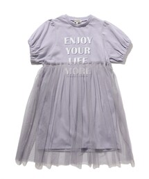 ◆【90-140cm】チュールドッキングプリントワンピ