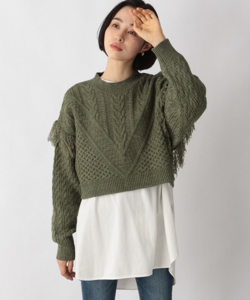 LOWRYS FARM（ローリーズファーム）の「フリンジケーブルショートプルオーバーLS　236945（ニット/セーター・レディース・アイボリー/ブラック/グリーン・FREE）」の3枚目の写真