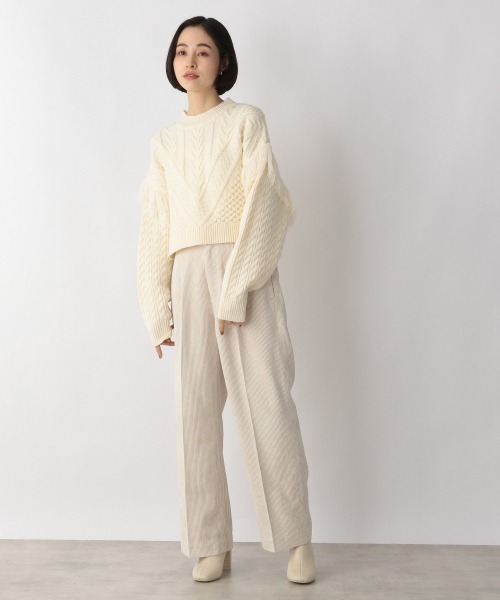 LOWRYS FARM（ローリーズファーム）の「フリンジケーブルショートプルオーバーLS　236945（ニット/セーター・レディース・アイボリー/ブラック/グリーン・FREE）」の9枚目の写真