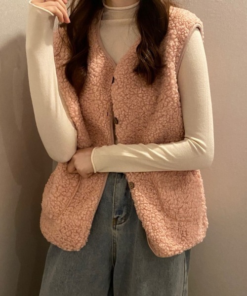 by muni:r（バイ ムニール）の「ラブリーボアベスト（テーラードジャケット・レディース・ホワイト/ベージュ/ブラウン/ピンク/クリーム・FREE）」の8枚目の写真