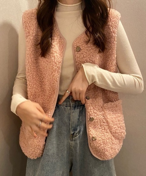 by muni:r（バイ ムニール）の「ラブリーボアベスト（テーラードジャケット・レディース・ホワイト/ベージュ/ブラウン/ピンク/クリーム・FREE）」の19枚目の写真