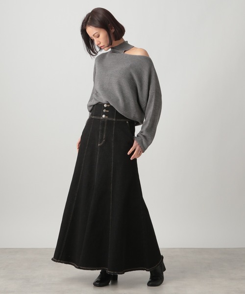 Ezick(エジック)の「ハイウエストデニムスカート(デニムスカート・レディース・ブラック・SMALL/MEDIUM)」の1枚目の写真