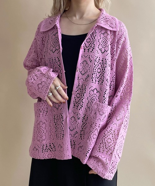 w closet（ダブルクローゼット）の「レースパイピングシャツカーディガン（シャツ/ブラウス・レディース・グリーン/キナリ/ブラウン/ピンク系その他/ブラック・FREE）」の5枚目の写真