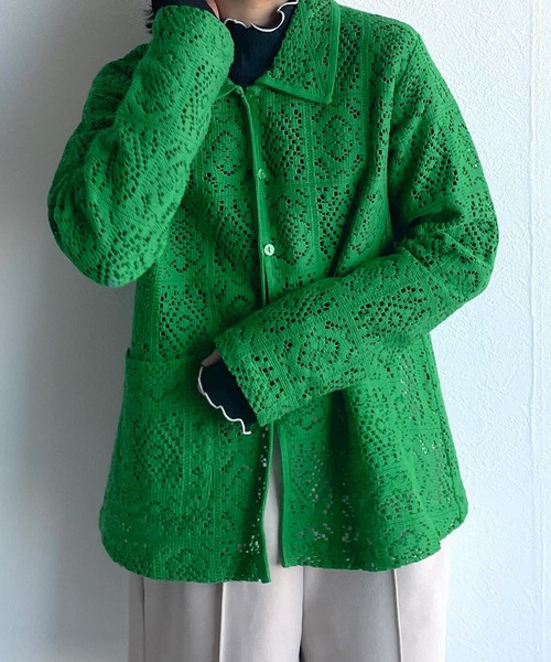 w closet（ダブルクローゼット）の「レースパイピングシャツカーディガン（シャツ/ブラウス・レディース・グリーン/キナリ/ブラウン/ピンク系その他/ブラック・FREE）」の4枚目の写真