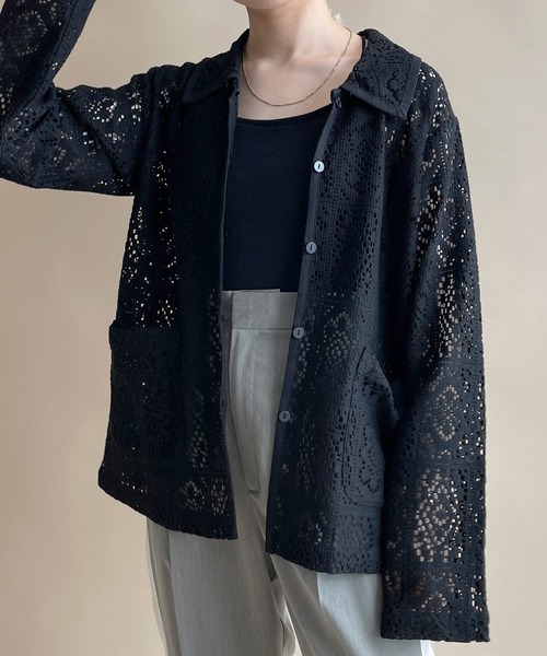 w closet（ダブルクローゼット）の「レースパイピングシャツカーディガン（シャツ/ブラウス・レディース・グリーン/キナリ/ブラウン/ピンク系その他/ブラック・FREE）」の2枚目の写真