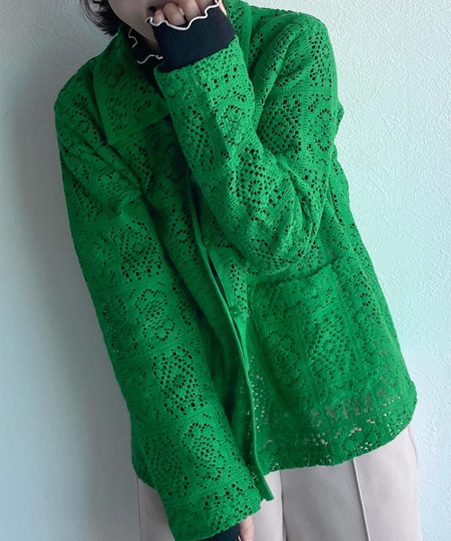 w closet（ダブルクローゼット）の「レースパイピングシャツカーディガン（シャツ/ブラウス・レディース・グリーン/キナリ/ブラウン/ピンク系その他/ブラック・FREE）」の8枚目の写真