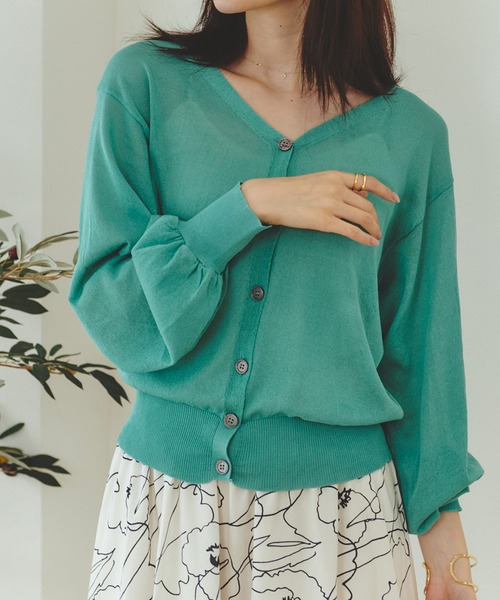 Lamoa（ラモア）の「Lamoa/パフスリーブ Vネック シアーカーディガン（カーディガン/ボレロ・レディース・ブラック/グリーン/グレー・FREE）」の3枚目の写真