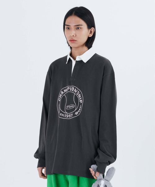 87mm（87mm）の「【87MM / Mmlg】NOYSIN RUGBY SHIRT  / パルチムエムエム Mmlg NOYSIN プリント ラグビーシャツ（ポロシャツ・レディース・グリーン/チャコールグレー・MEDIUM/LARGE）」の2枚目の写真