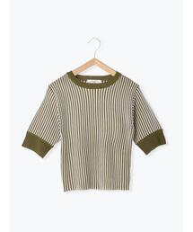 Samansa Mos2 blue | 麻タッチストライプニットプルオーバー(ニット/セーター)