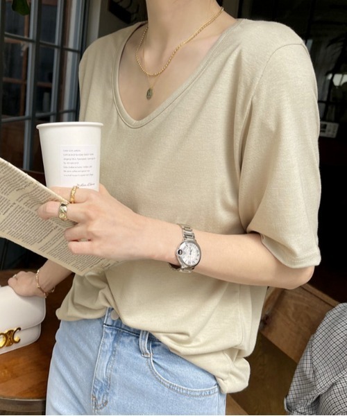 NANING9(ナンニング)の「NANING9 無地UネックTシャツ(Tシャツ/カットソー・レディース・ブラック/カーキ/アイボリー・LARGE/FREE)」の8枚目の写真