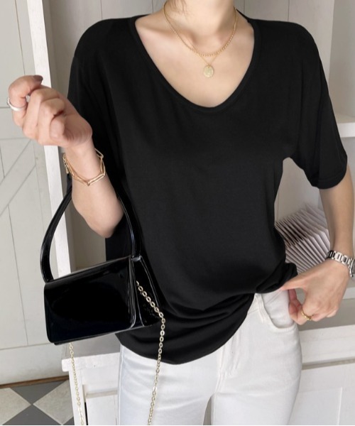 NANING9(ナンニング)の「NANING9 無地UネックTシャツ(Tシャツ/カットソー・レディース・ブラック/カーキ/アイボリー・LARGE/FREE)」の16枚目の写真