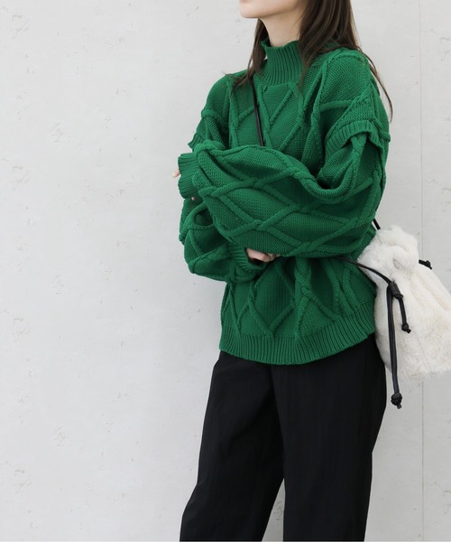 Per sist ence(パーシエンス)の「Per sist ence/パーシエンス ケーブル編みプルオーバー(ニット/セーター・レディース・ピンク/オレンジ/ブラック/イエロー/グリーン/アイボリー/ブルー・FREE)」の3枚目の写真