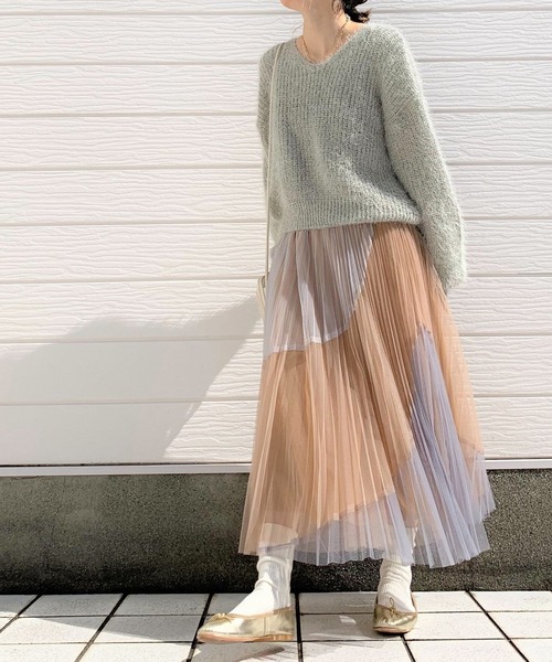 Q（キュー）の「ななめ切替 チュールスカート（スカート・レディース・ベージュ/ブラウン・MEDIUM）」の6枚目の写真