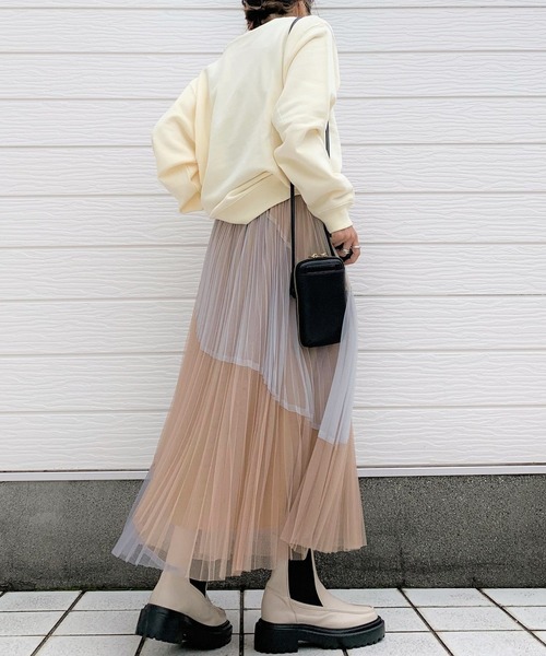 Q（キュー）の「ななめ切替 チュールスカート（スカート・レディース・ベージュ/ブラウン・MEDIUM）」の7枚目の写真