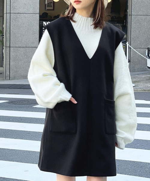 tiptop（ティップトップ）の「【選べる2タイプ/2023年AW新色登場】ウールライクVネックミニワンピース（ジャンパースカート・レディース・アイボリー/ブラック/ブラック系その他/グレー/ベージュ/ブラウン・FREE）」の20枚目の写真