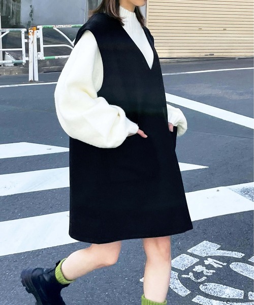 tiptop（ティップトップ）の「【選べる2タイプ/2023年AW新色登場】ウールライクVネックミニワンピース（ジャンパースカート・レディース・アイボリー/ブラック/ブラック系その他/グレー/ベージュ/ブラウン・FREE）」の13枚目の写真