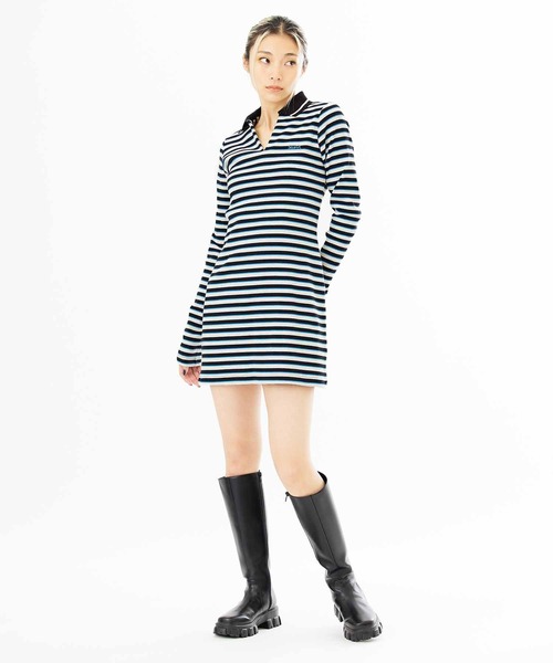 X-girl（エックスガール）の「MULTI STRIPE COMPACT DRESS（ワンピース・レディース・オリーブ/ブラック/ピンク・S/M）」の2枚目の写真