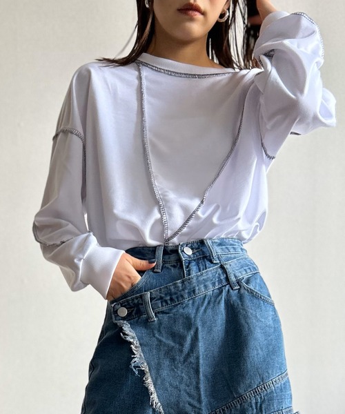 Kotoe(コトエ)の「ステッチ ドロップショルダー ロンT ビッグシルエット 春 レディース(Tシャツ/カットソー・レディース・ホワイト/ブラック・FREE)」の2枚目の写真