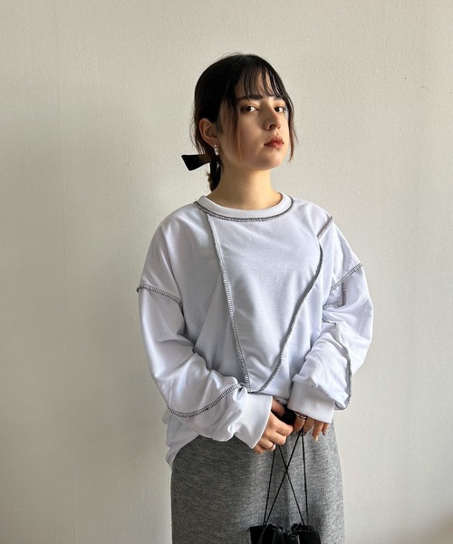 Kotoe(コトエ)の「ステッチ ドロップショルダー ロンT ビッグシルエット 春 レディース(Tシャツ/カットソー・レディース・ホワイト/ブラック・FREE)」の6枚目の写真