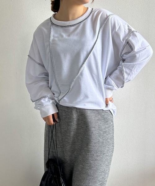 Kotoe(コトエ)の「ステッチ ドロップショルダー ロンT ビッグシルエット 春 レディース(Tシャツ/カットソー・レディース・ホワイト/ブラック・FREE)」の7枚目の写真