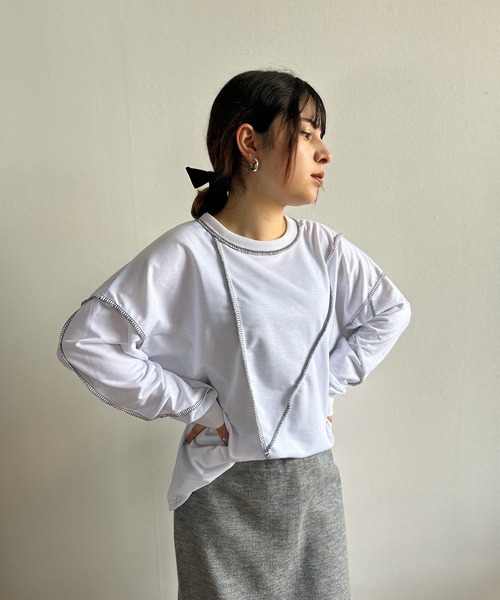 Kotoe(コトエ)の「ステッチ ドロップショルダー ロンT ビッグシルエット 春 レディース(Tシャツ/カットソー・レディース・ホワイト/ブラック・FREE)」の8枚目の写真