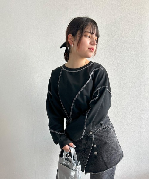 Kotoe(コトエ)の「ステッチ ドロップショルダー ロンT ビッグシルエット 春 レディース(Tシャツ/カットソー・レディース・ホワイト/ブラック・FREE)」の9枚目の写真