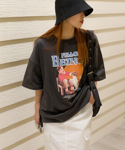 SpRay（スプレイ）の「レトロＢＯＹビッグＴシャツ（Tシャツ/カットソー・レディース・オートミール/スミクロ/イエロー/アイボリー/オフホワイト・FREE）」の4枚目の写真