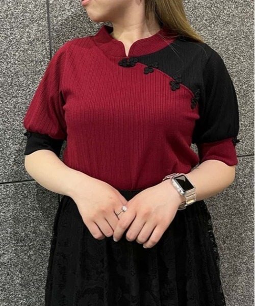 axes femme（アクシーズファム）の「チャイナ釦バイカラープルオーバー（Tシャツ/カットソー・レディース・レッド/サックスブルー/ブラック・FREE）」の3枚目の写真